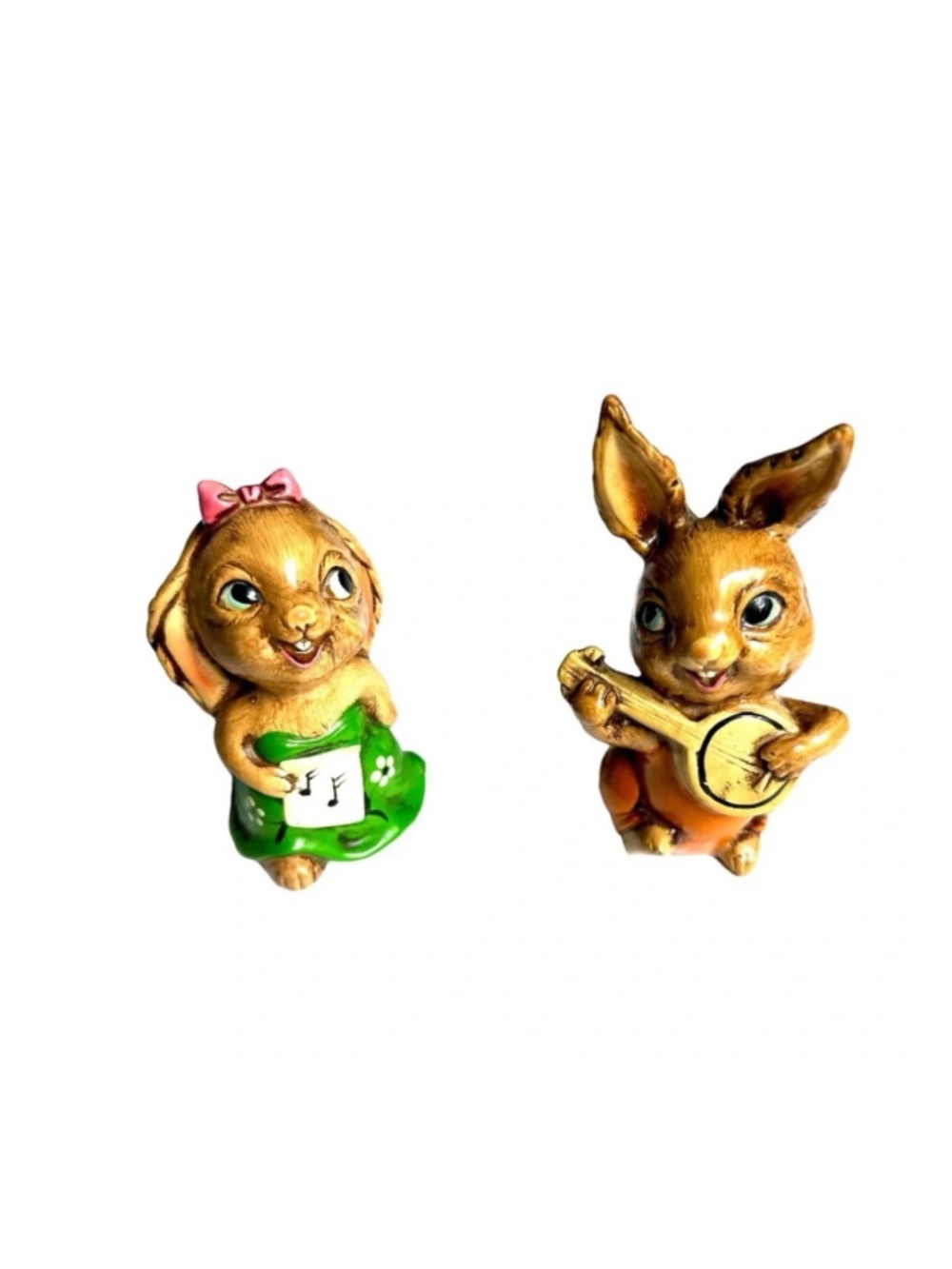 Set of 2 Vintage Rabbits Playing a Banjo Holding Sheet of Music
